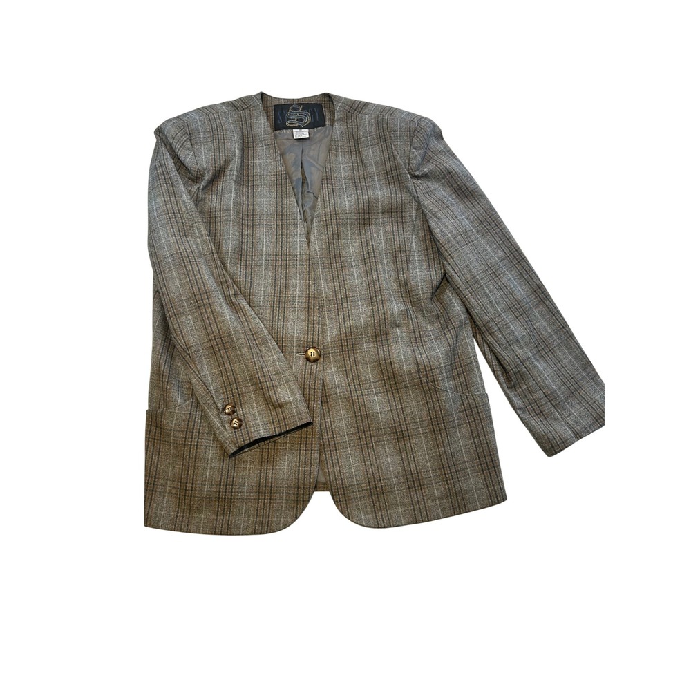 Vintage Synergy Women 18 Grey Brown Plaid Collarless Blazer Single Button Jacket